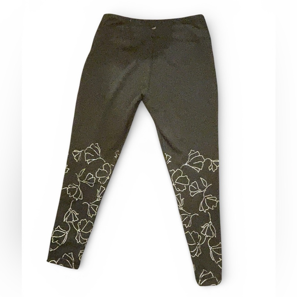 Black High-Waisted Leggings with Silver Rhinestone Floral Leg Detail Size 2XL